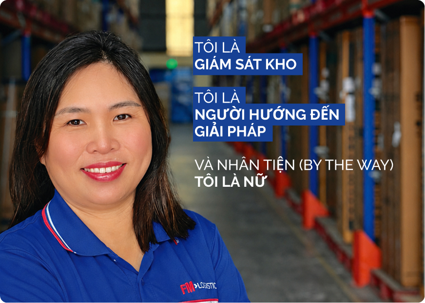 Female warehouse supervisor standing confidently in a warehouse aisle, wearing an FM Logistic uniform and smiling at the camera. The poster is part of a diversity and inclusion campaign highlighting women's roles in logistics.